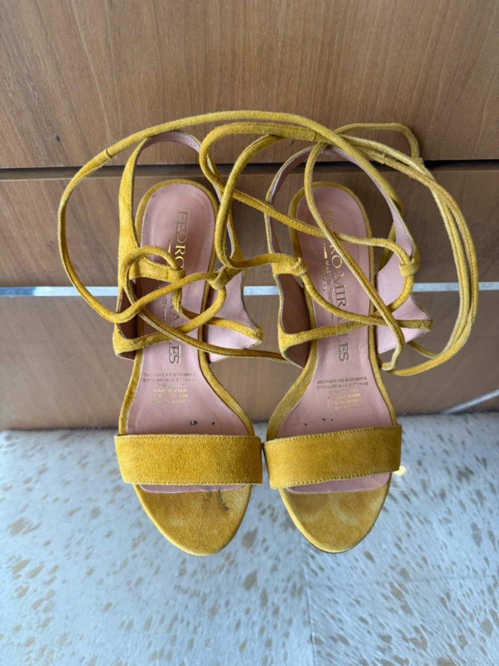 Pre-Loved Pedro Miralles Yellow Suede Lace-Up Sandals in Size 6.5/37